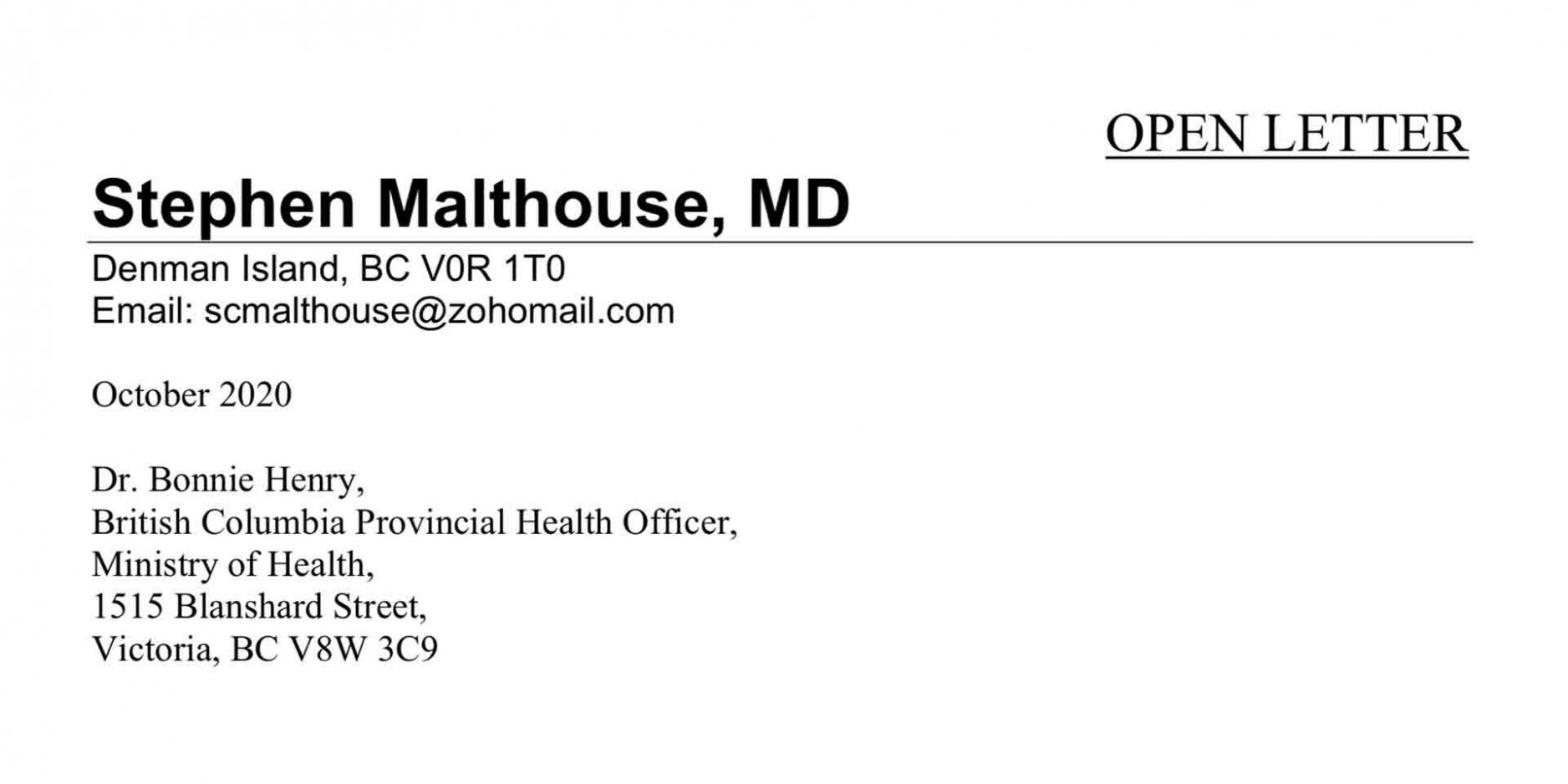 Dr Malthouse to Dr Bonnie Henry